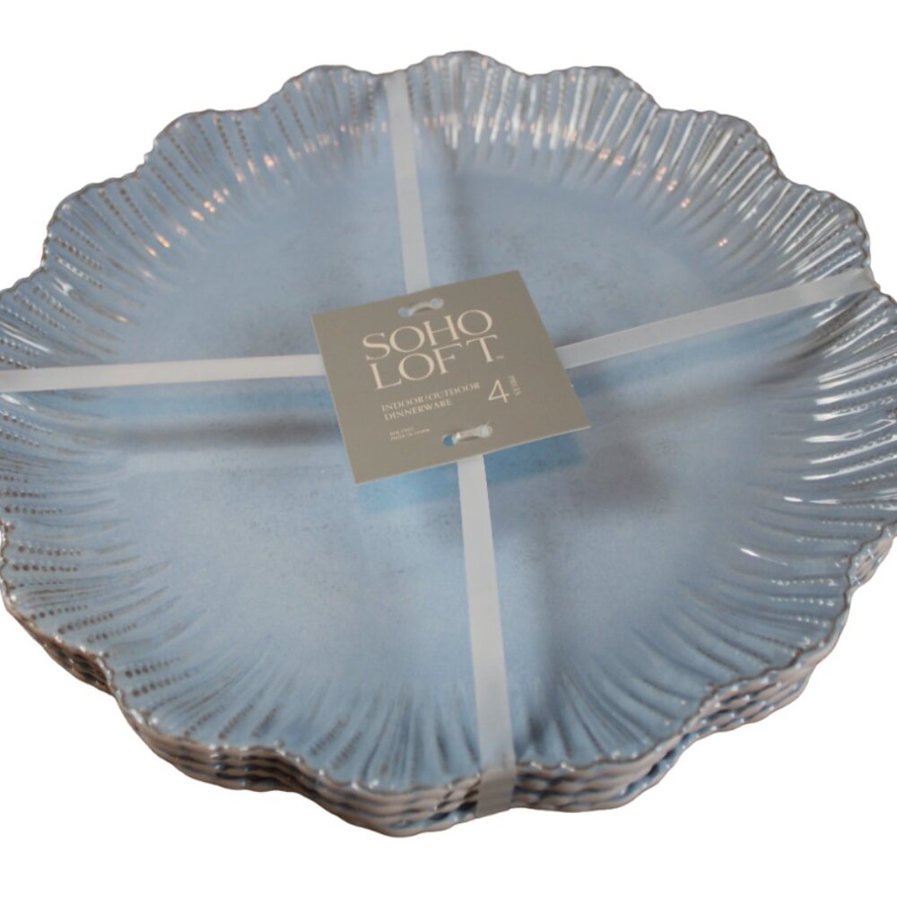 Soho Loft Dinner Plates Light Blue Scalloped Edge Melamine 11" Set of 4 NWT